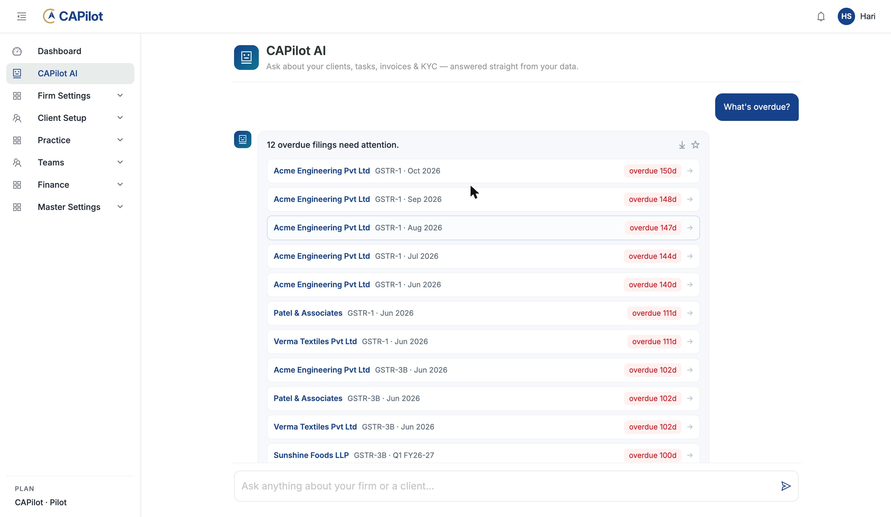 CAPilot AI answering "What is overdue?" with overdue GST filings by client