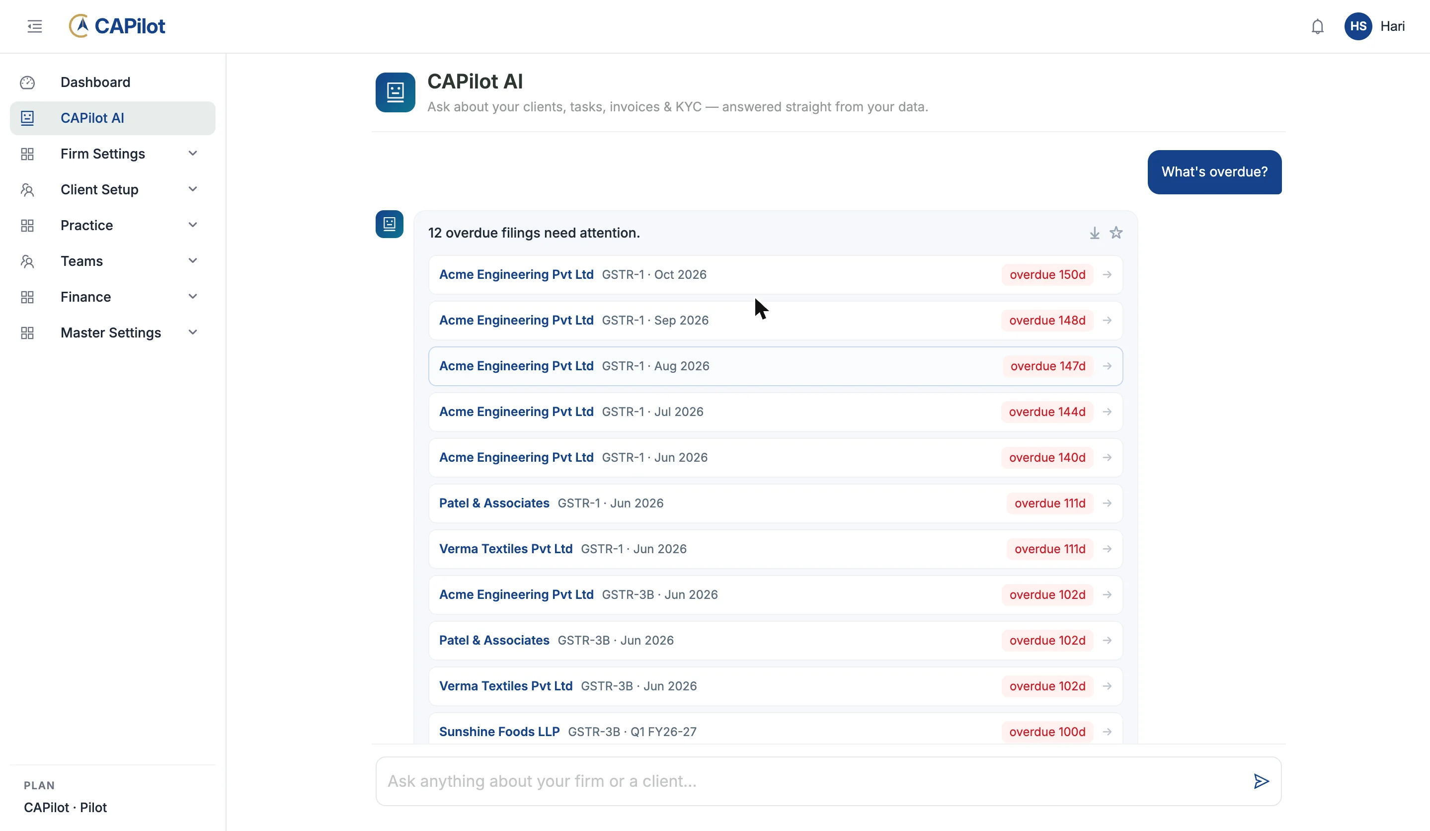 CAPilot AI answering "What is overdue?" with a list of overdue GST filings by client