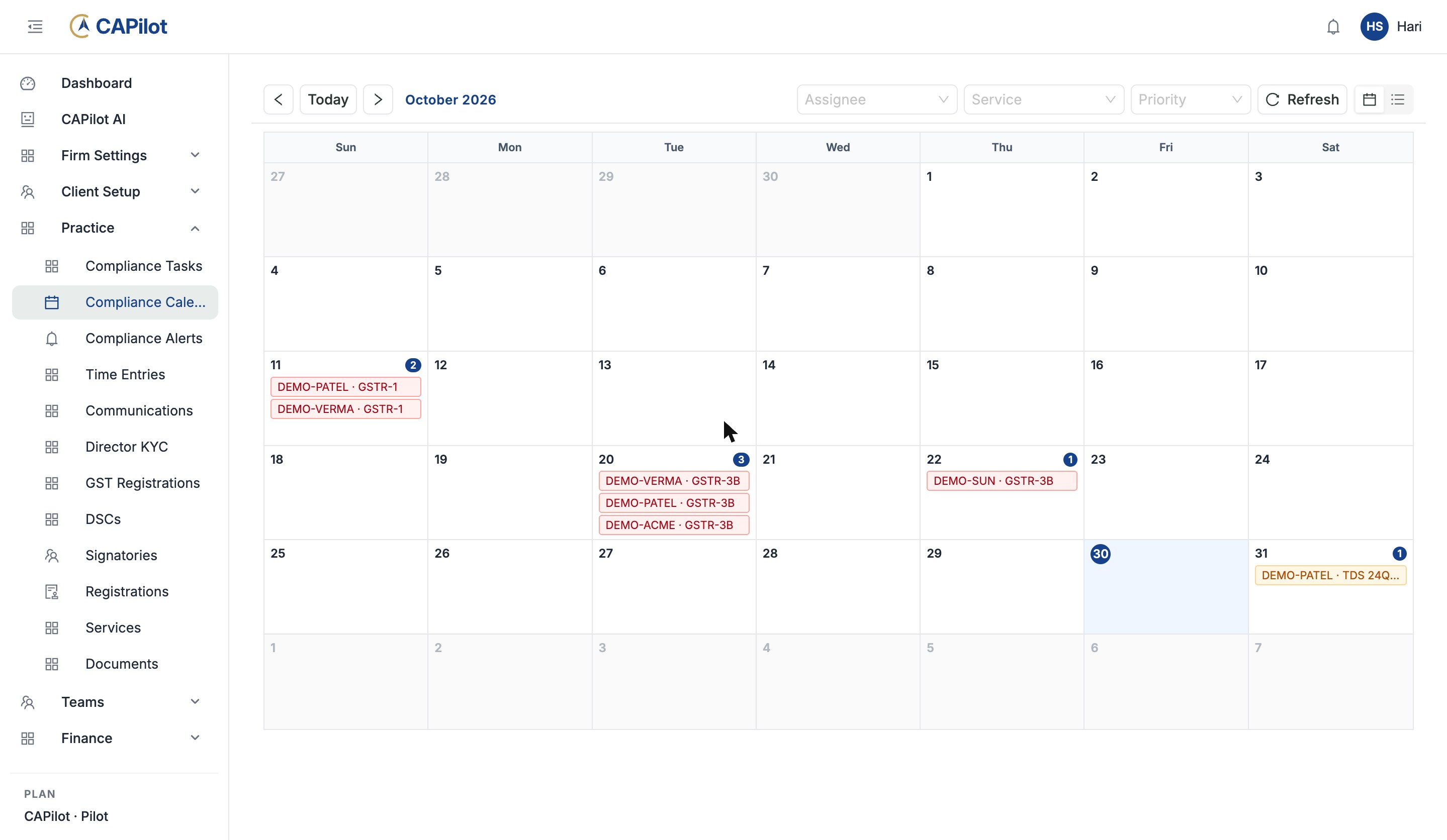 CAPilot compliance calendar for October with GSTR and TDS due dates by client