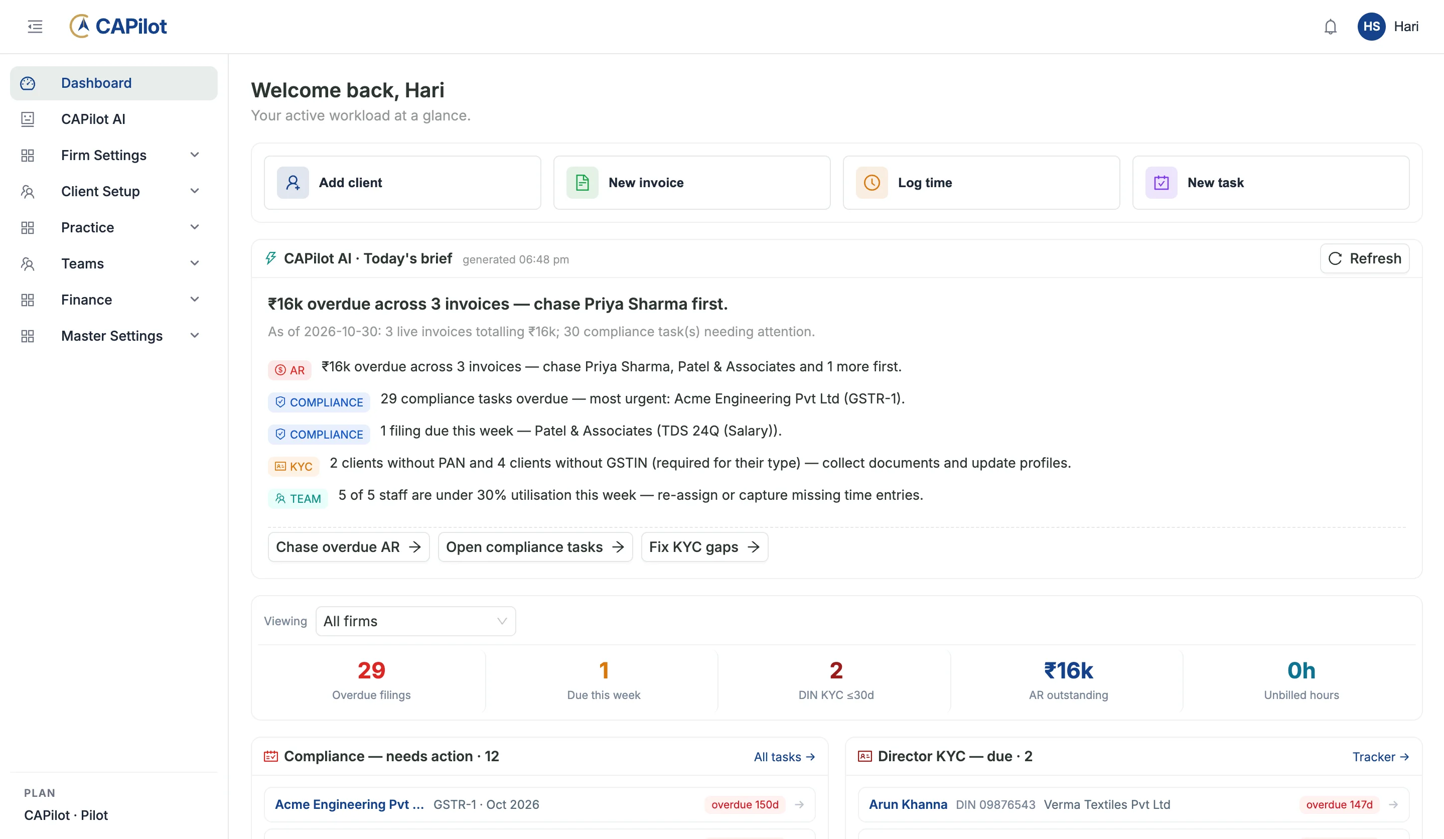 CAPilot dashboard with the CAPilot AI daily brief, overdue filings, AR and KYC at a glance
