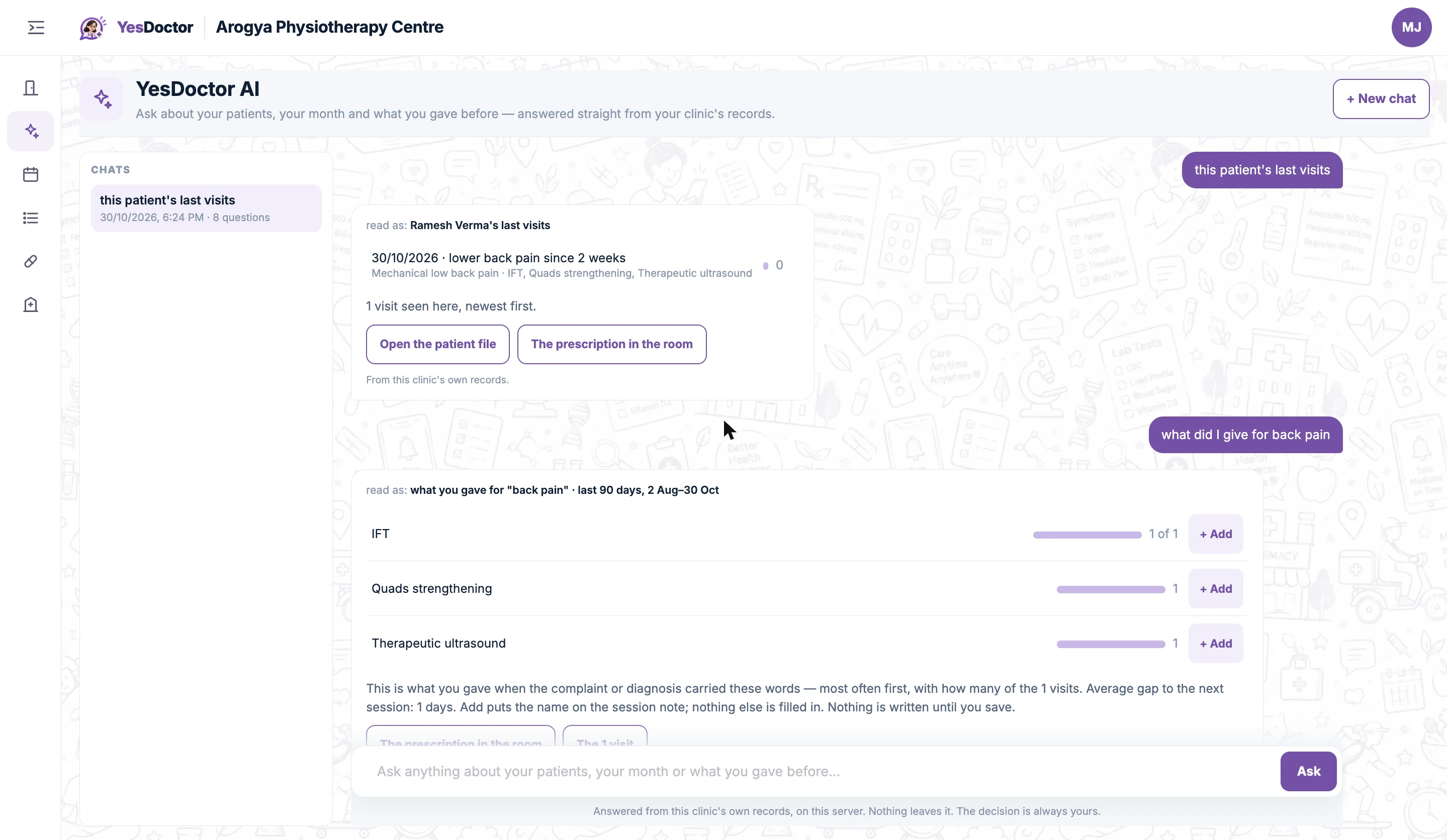 YesDoctor AI answering what was given for back pain in the last 90 days from the clinic’s own records